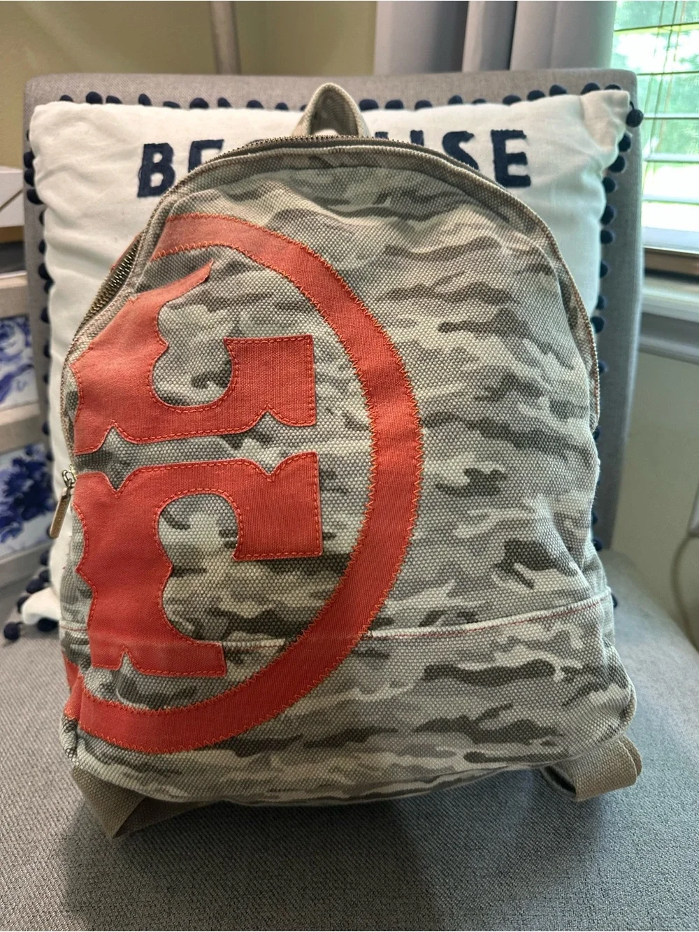 Tory Burch Camo Canvas Backpack with Red/Orange Accent